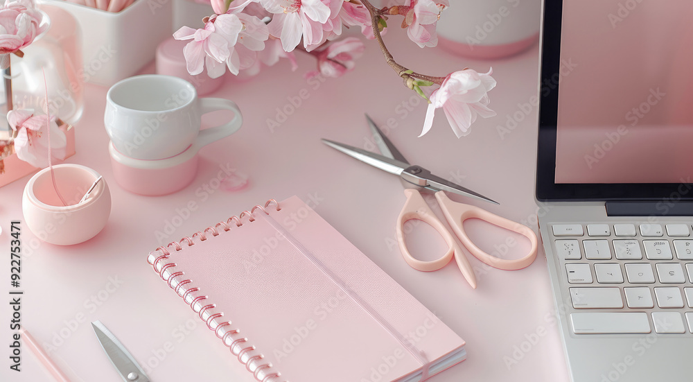 Aufkleber A light pink desk with a notebook, a white computer keyboard next to the spiral notebook, a pair of scissors beside the notepad. top view. Generative AI.