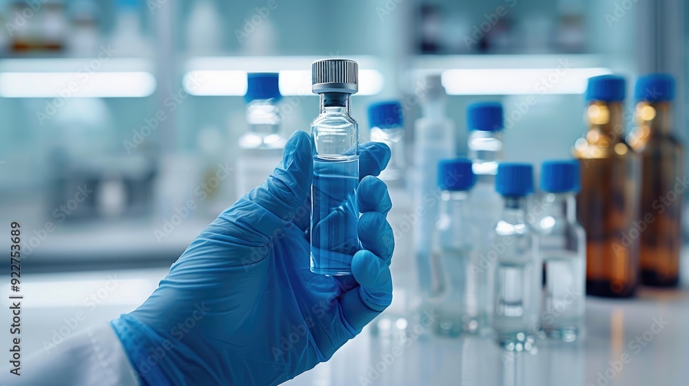 Poster close-up of a hand in blue medical gloves holding a glass vial with liquid, with a set of bottles on