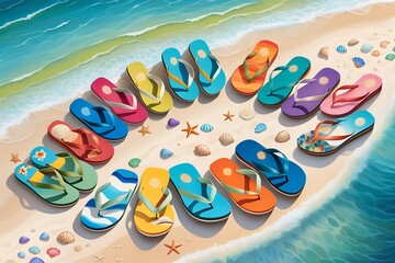 Naklejka premium Flip flops on the beach. illustration of colorful flip flops.