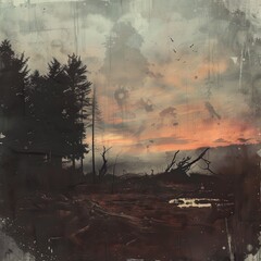 A misty sunset over a forest with silhouetted trees and a glowing sky