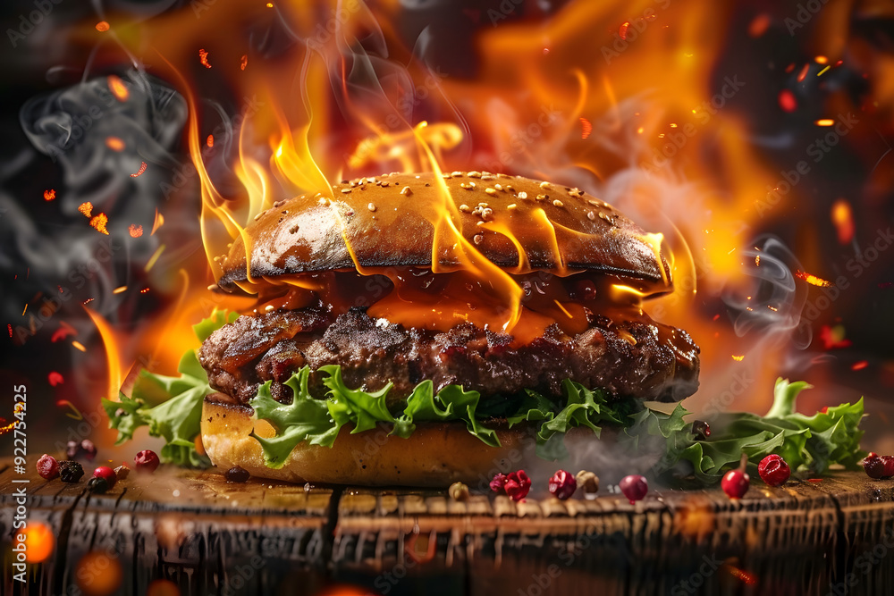 Wall mural flavourful smashed steak burger engulfed in flames, grilling, charred, delicious, barbecue, gourmet