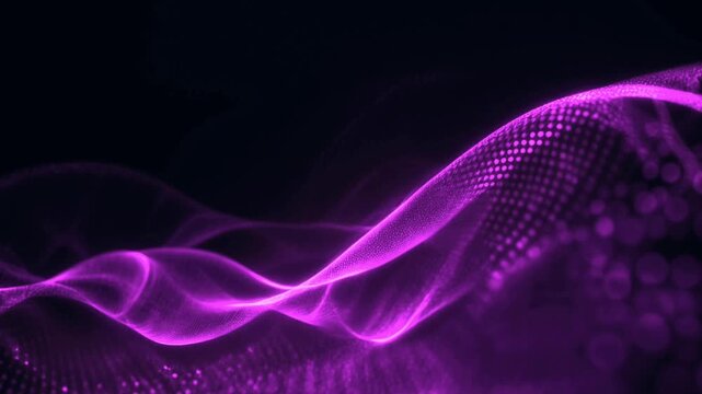Abstract background. Digital looping wave composed of glowing neon purple dots and lines, representing futuristic data flow and advanced technology