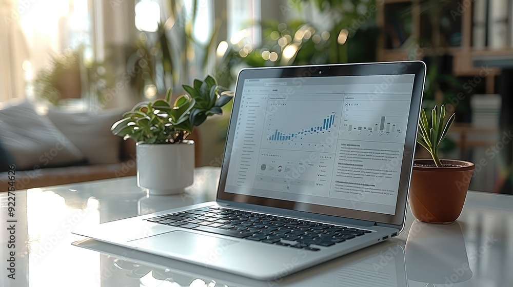 Aufkleber a sleek, modern laptop on a clean, white desk with a minimalistic background. on the laptop screen, 