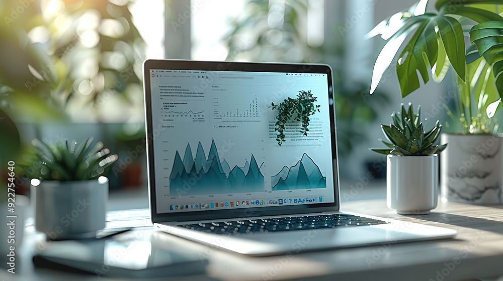 Poster a sleek, modern laptop on a clean, white desk with a minimalistic background. on the laptop screen, 