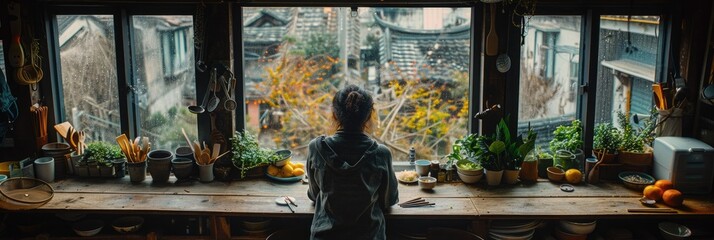 A woman is calmly standing in front of a large window looking out
