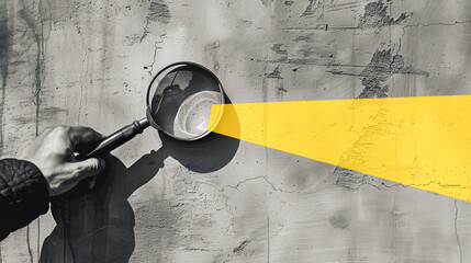 Artistic concept of insight and vision, depicting a figure using a flashlight to project a bright yellow beam on a gray wall.