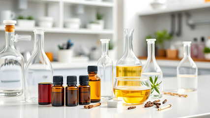 Aromatherapy product. Glassware with essential oils and ingredients on white table in laboratory. Generative AI