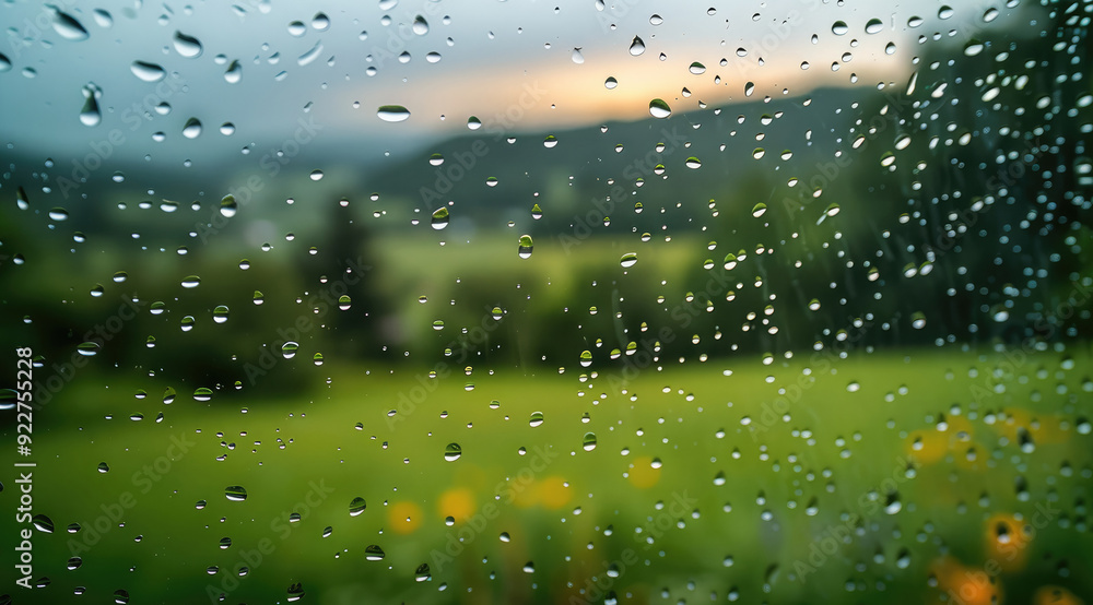 Poster raindrops on a transparent glass window, focus to raindrops with a blurred background of a countrysi