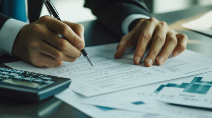 Detailed view of a businessman analyzing financial documents, highlighting meticulous planning and strategic thinking.