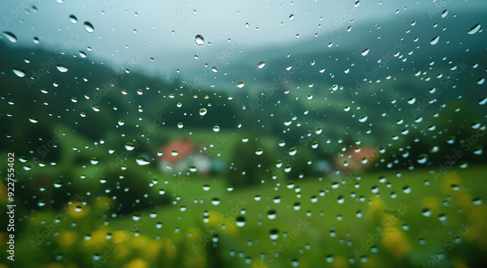 Poster raindrops on a transparent glass window, focus to raindrops with a blurred background of a countrysi
