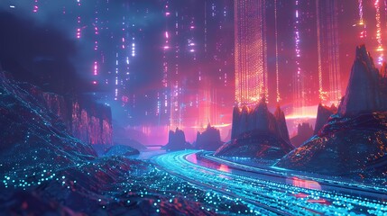 Futuristic digital landscape with holographic data streams and virtual networks.