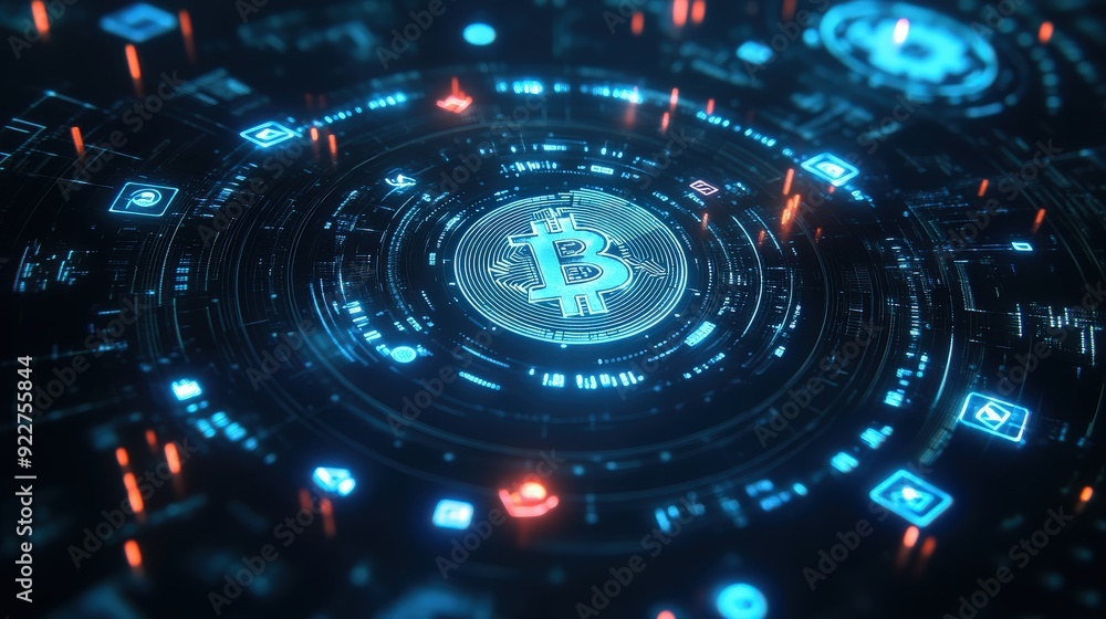 Poster animated digital currency logos circling around a blockchain ledger.