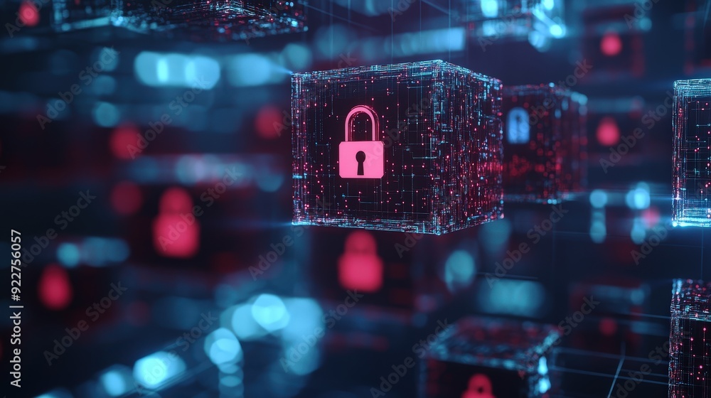 Aufkleber blockchain data blocks with a digital padlock icon, representing security.