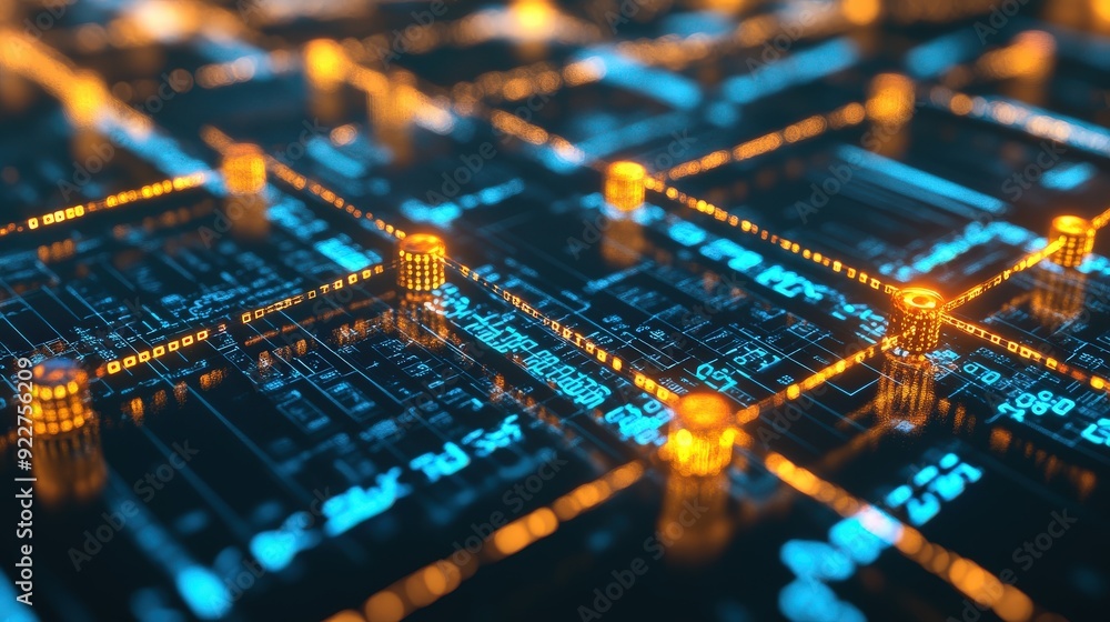Poster blockchain nodes connected with glowing lines, symbolizing data transmission.