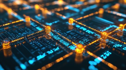 Blockchain nodes connected with glowing lines, symbolizing data transmission.