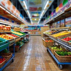 Fototapeta premium a grocery store with a cart full of fruits and vegetables.
