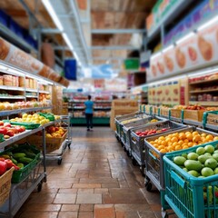 Fototapeta premium a grocery store with a cart full of fruits and vegetables.