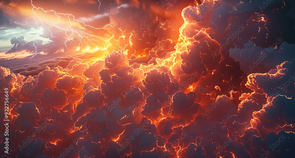 Poster an epic sky where huge clouds gather and lightning illuminates them, with red flames erupting from i