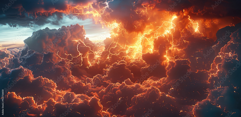 Poster an epic sky where huge clouds gather and lightning illuminates them, with red flames erupting from i