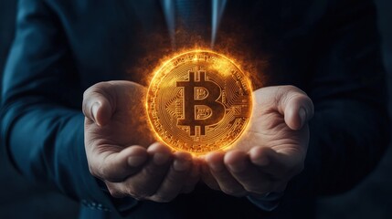A businessman holding a glowing Bitcoin symbol in his hands.