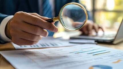 A businessman holding a magnifying glass over a financial report.