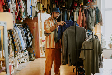 Person browsing clothes in a cozy vintage thrift shop filled with various garments and accessories...