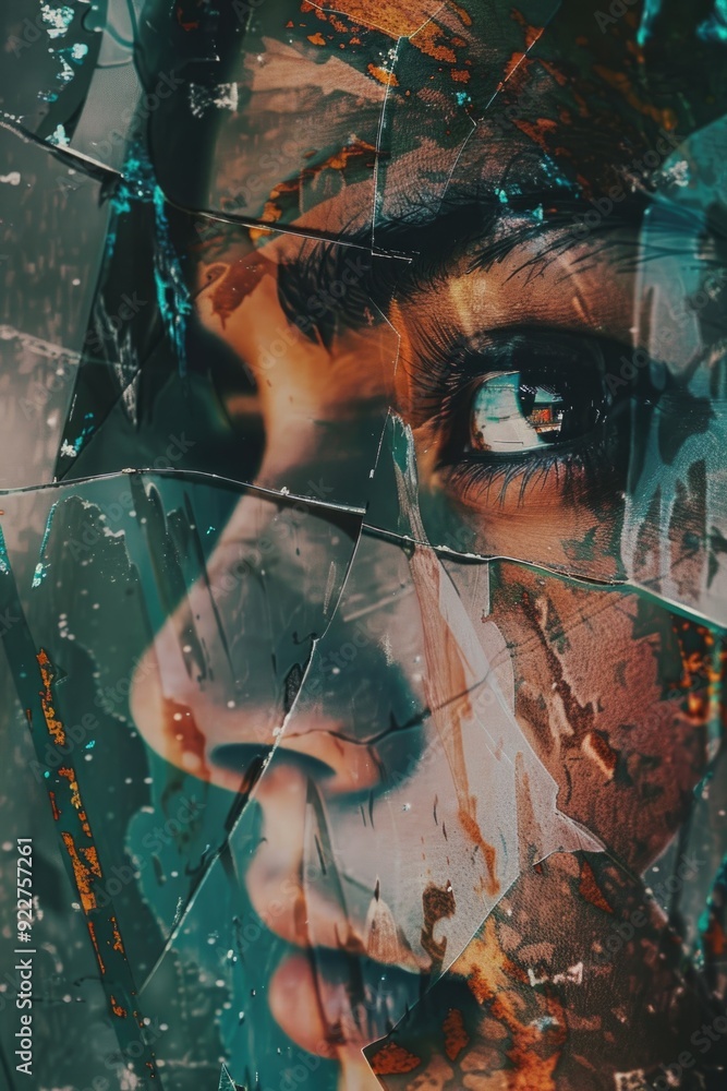 Poster a close-up view of a woman's face with a broken glass in the background, suitable for use in crime s