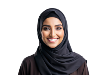 Portrait of a cheerful Arab woman in a black hijab, emphasizing her joyful expression and cultural significance on a transparent backdrop.