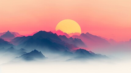 Mountainous Silhouette at Sunset with a Yellow Sun