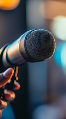 An announcer gesturing enthusiastically while speaking, with a blurred light solid color background that emphasizes their dynamic energy