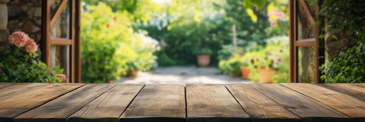 Fototapeta premium An empty wooden table sits in a blurred green garden filled with lush foliage, creating a stunning backdrop perfect for showcasing products or decor, inspiring creativity in this tranquil setting