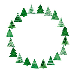 Illustration frame of small naive Christmas trees, hand-drawn with watercolors. Christmas illustration. Perfect for a postcard and any themed designs. Minimalistic drawing for Christmas and New Year