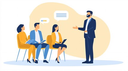 A professional arbitrator in a suit speaking to a small group of people in a mediation session, light solid color background