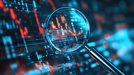 A magnifying glass over a cryptocurrency exchange platform showing detailed market analysis.