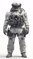 Fototapeta premium A determined armored assault vehicle crew member in full combat gear, preparing for a mission in a light solid color background