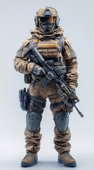 A determined armored assault vehicle crew member in full combat gear, preparing for a mission in a light solid color background