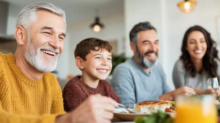 Fototapeta premium Smiling family of mixed generations enjoying a meal together in a cozy, lived-in home, representing love, connection, and diversity, family, generations, connection, diversity, hom