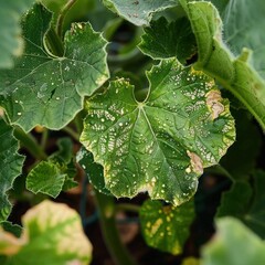 A cucumber leaf showing visible signs of disease, with discoloration and damage on its surface. A close-up, detailed view highlighting agricultural challenges and plant health issues