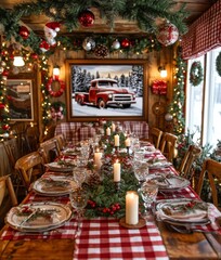 Festively decorated dining room with rustic charm featuring a long table set for a holiday gathering