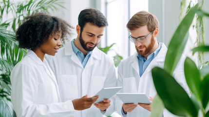 Fototapeta premium A group of multicultural scientists in a tropical rainforest collecting data on biodiversity, highlighting scientific exploration, collaboration, and environmental stewardship, sci