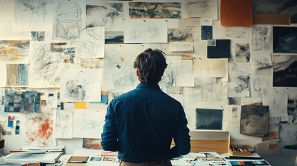 A creative brainstorming session with an art director surrounded by sketches and color palettes, against a soft background