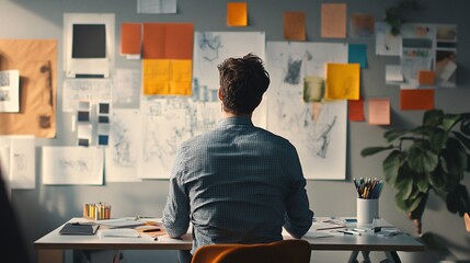 A creative brainstorming session with an art director surrounded by sketches and color palettes, against a soft background