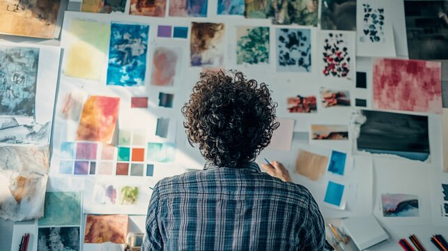 A creative brainstorming session with an art director surrounded by sketches and color palettes, against a soft background