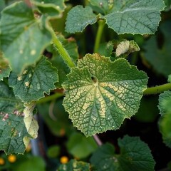 A cucumber leaf showing visible signs of disease, with discoloration and damage on its surface. A close-up, detailed view highlighting agricultural challenges and plant health issues