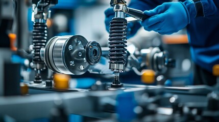 Fototapeta premium An automotive engineering technician examining a car's suspension system with precision tools on a clean workbench