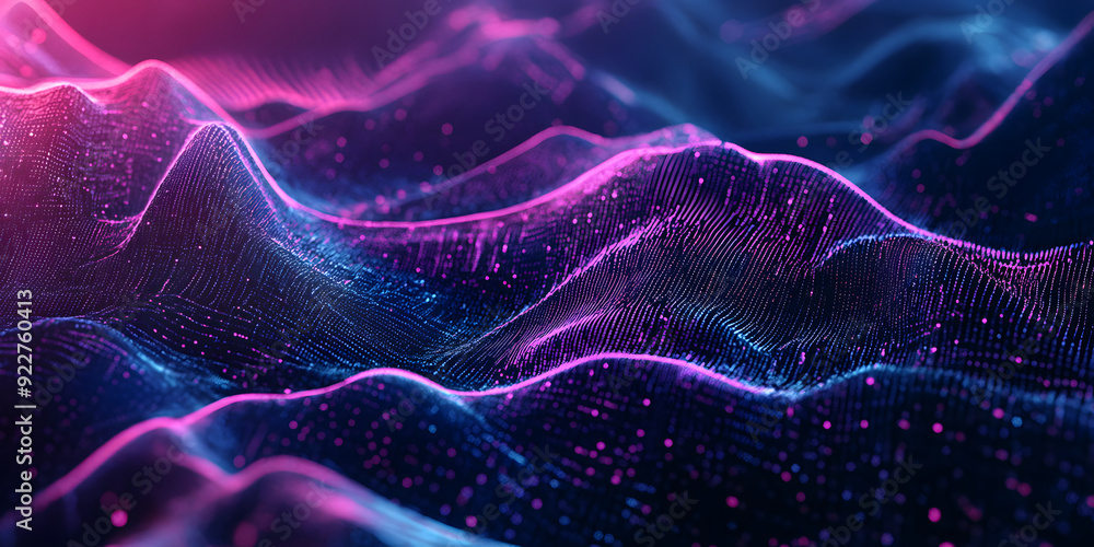 Poster abstract wavy background of many lines and dots with a blue-violet gradient. waves. neon colors