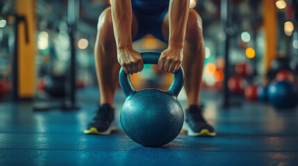 Naklejka premium Close-up of an athlete gripping a kettlebell during an intense workout session at the gym, focusing on strength training
