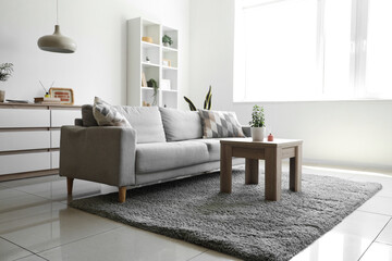 Aroma diffuser and houseplant on wooden table and comfortable sofa in interior of living room