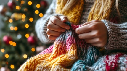 Close-up of a woman knitting a vibrant, multicolored scarf with a Christmas tree in the background, capturing the cozy holiday atmosphere
