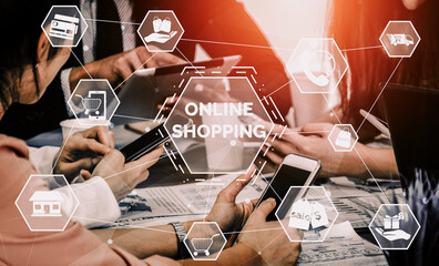 Online shopping and Internet Money Payment Transaction Technology. Modern graphic interface showing...